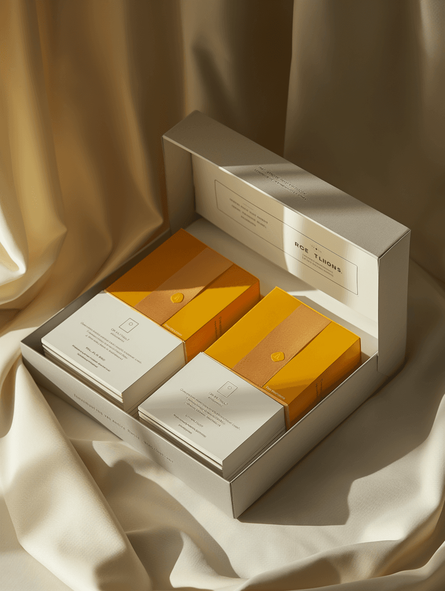 Elegant gift box with orange and white packaging on cream fabric, showcasing luxury and sophistication in warm lighting.